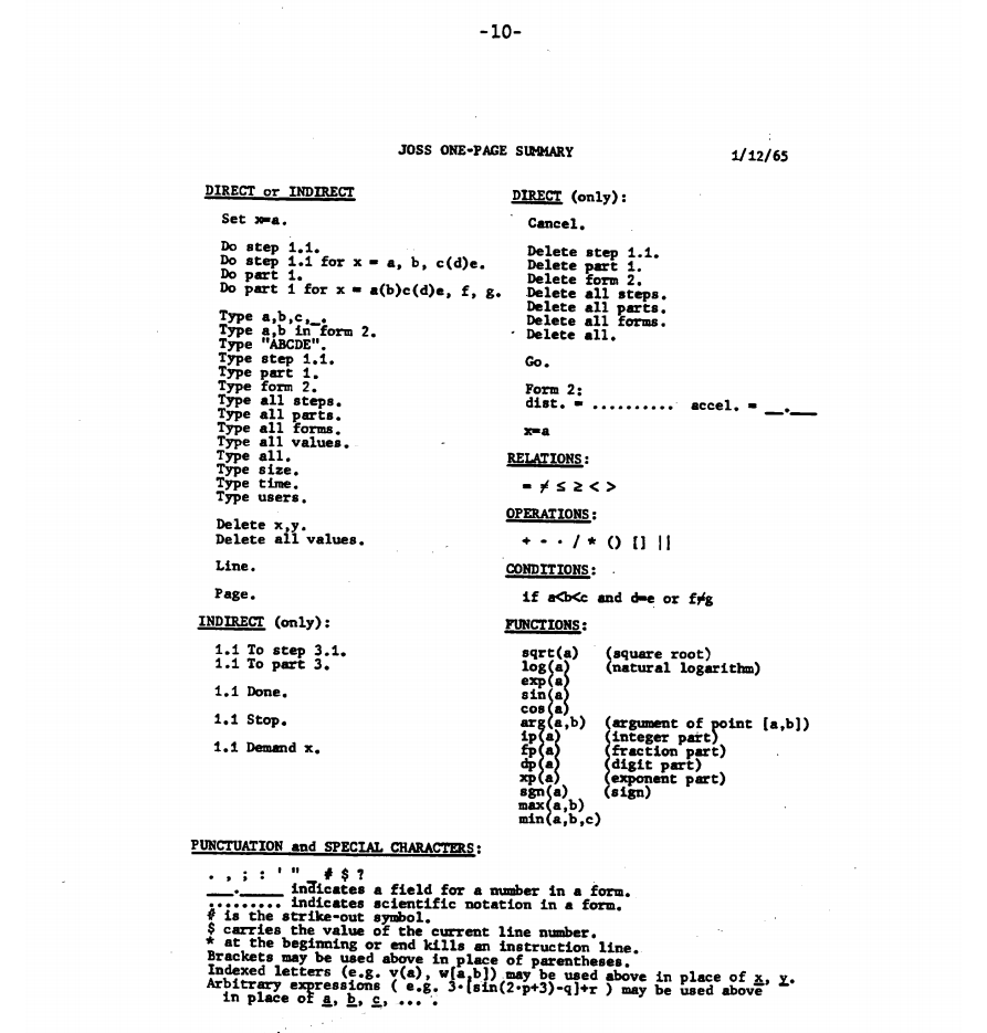 Citation: "JOSS: Experience with an experimental computing service for users at remote typing consoles", J. C. Shaw, May 1965, Page: 10